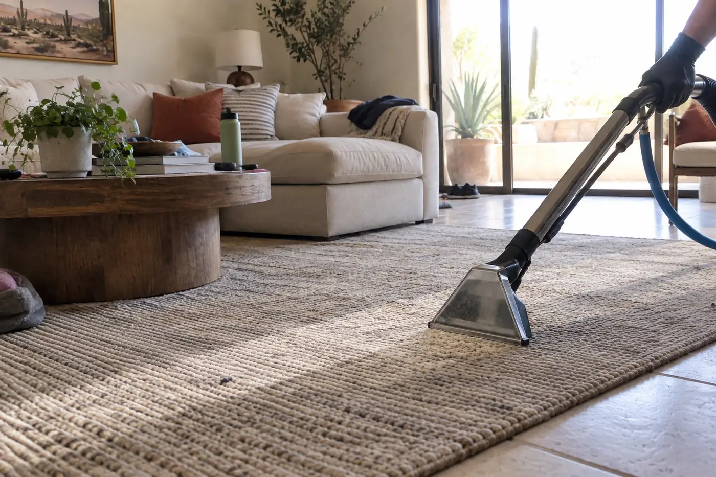 Bright Mesa AZ living room with area rug and tile floors after house cleaning