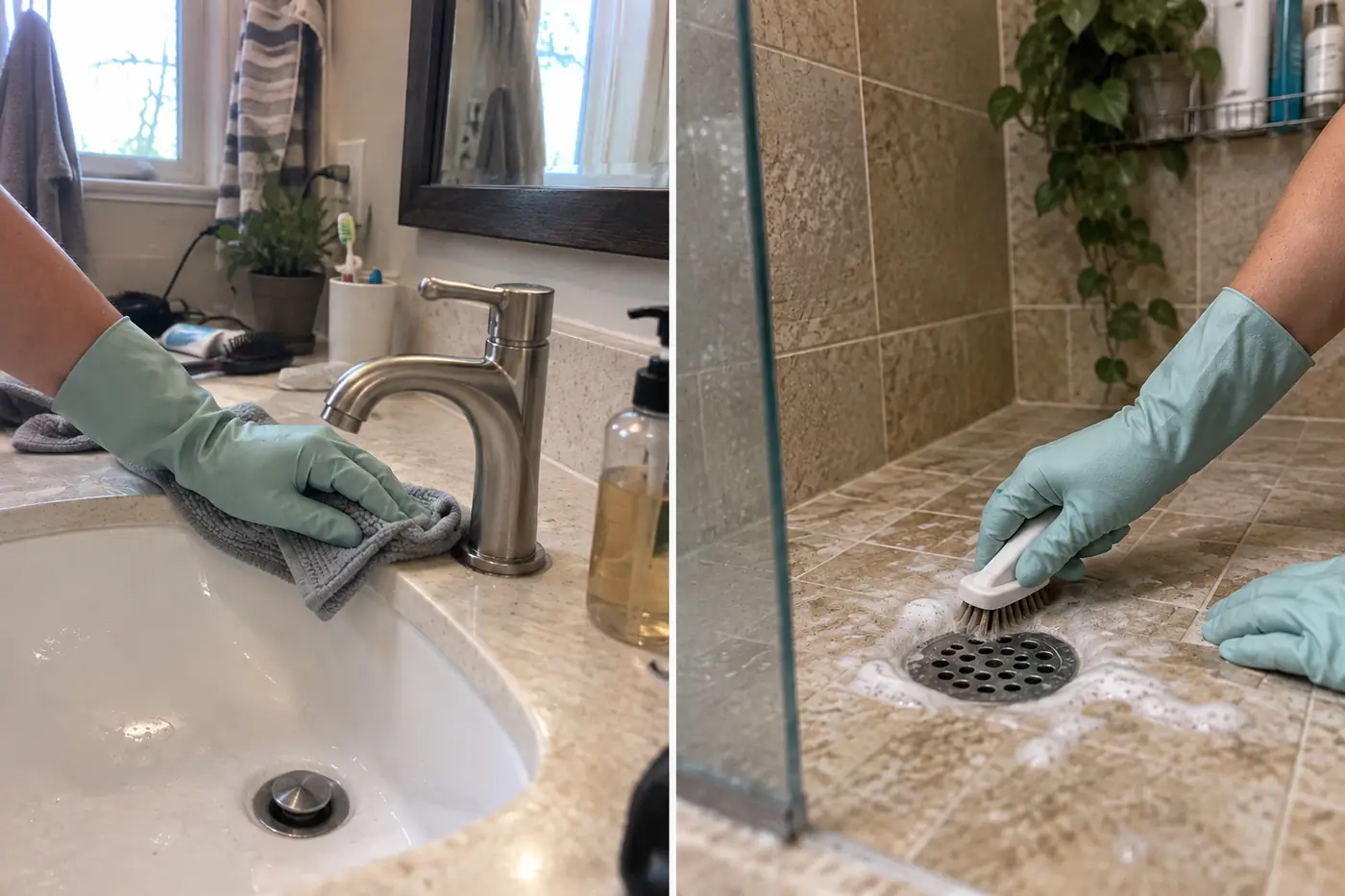 Cleaning supplies near a bathroom sink for drain-area cleaning in a Phoenix home