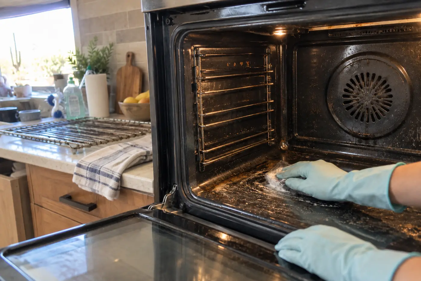 Oven cleaner supplies for a deep kitchen cleaning in a Phoenix home